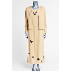 90’s Butterfly Maxi Dress Jacket Set Richard Sport NWT Beige Black Beaded M/L